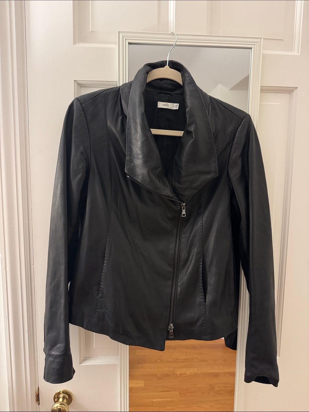 Vince Black Leather Draped Collar Zip Jacket